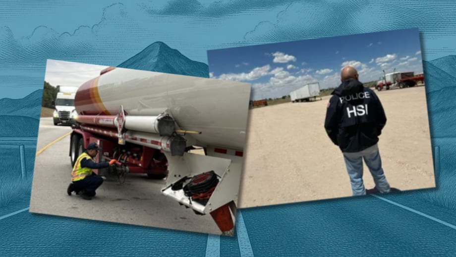 Photos of a commercial truck vehicle inspector looking at a tanker trailer and a man with his hands in his pockets wearing a jacket with the letters HSI on the back (Homeland Security Investigations)