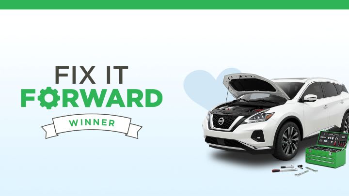 Graphic showing “Fix It Forward Winner” with a white SUV, open hood, and tools, representing a program that provides vehicle repairs to those in need.
