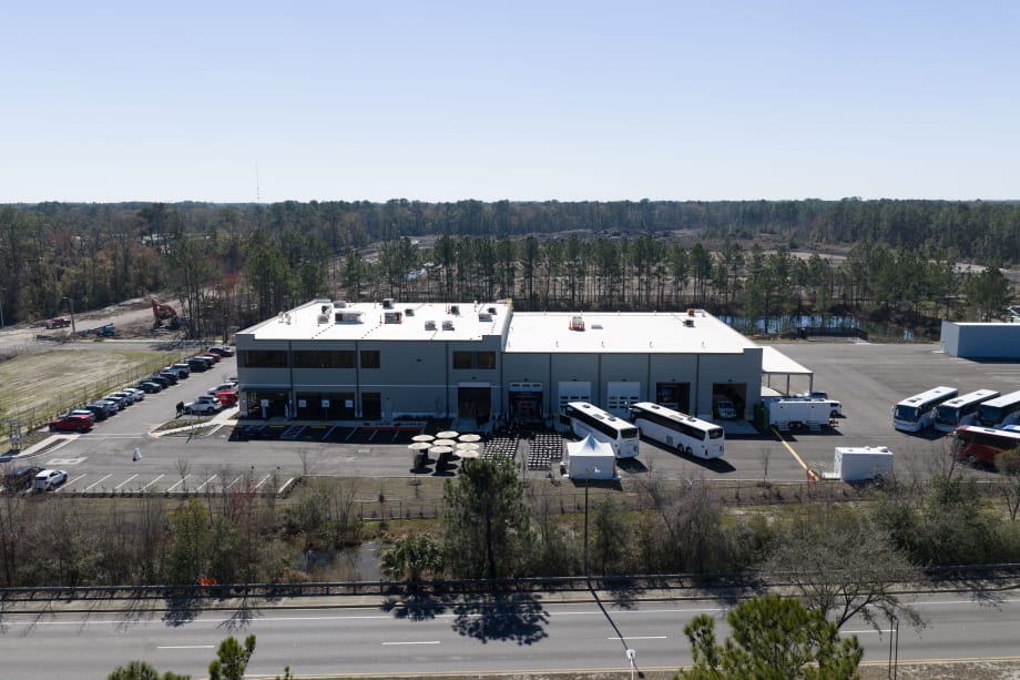 An overhead shot of Daimler Coaches North America's Jacksonville headquarters.
