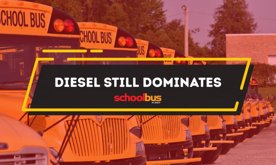 Rows of yellow school buses parked in a lot with “Diesel Still Dominates” graphic overlay highlighting continued diesel use in school transportation fleets.