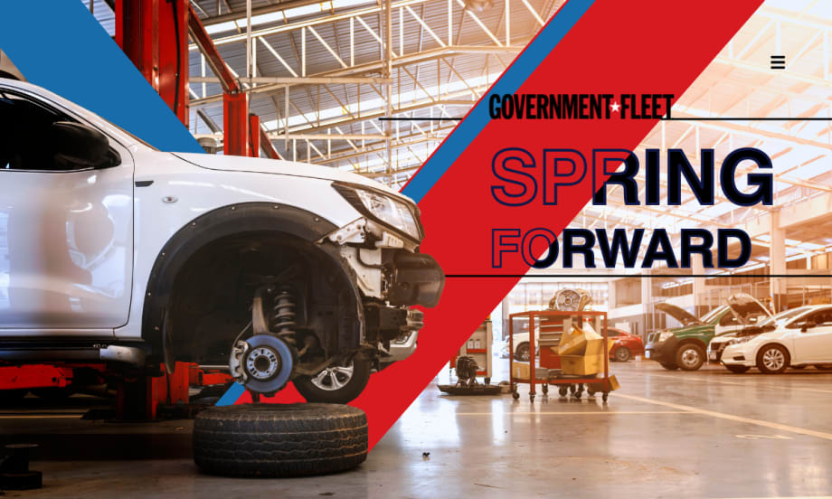 Government Fleet graphic with copy 'spring forward' and auto shop.