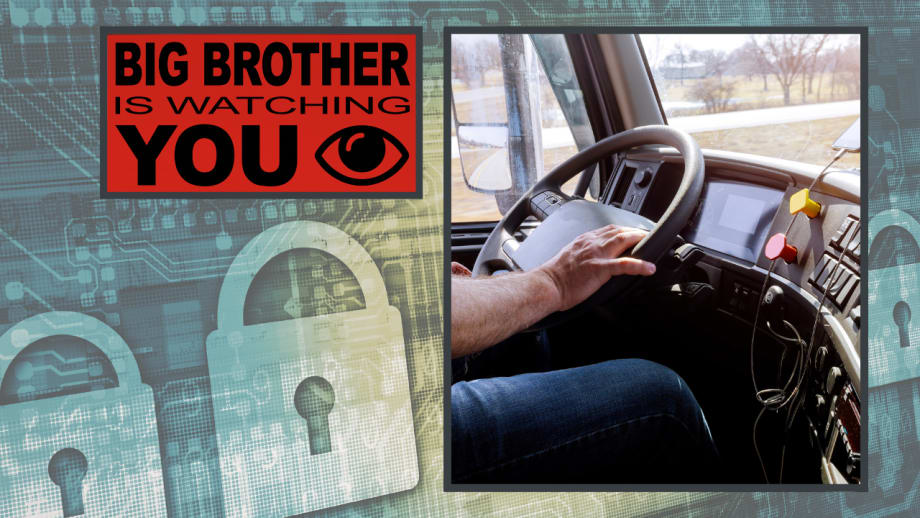 Illustration of data privacy, big brother concept, and truck driver behind the wheel