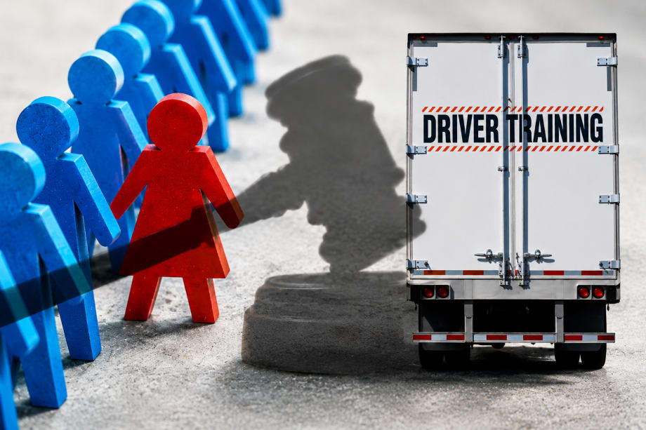 Illustration incorporating a gavel, the back of a driver training trailer, and art showing a blue female shape standing out in a row of male shapes.