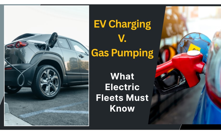 Photo illustration of a gray hatchback EV charging and a gas vehicle filling up.