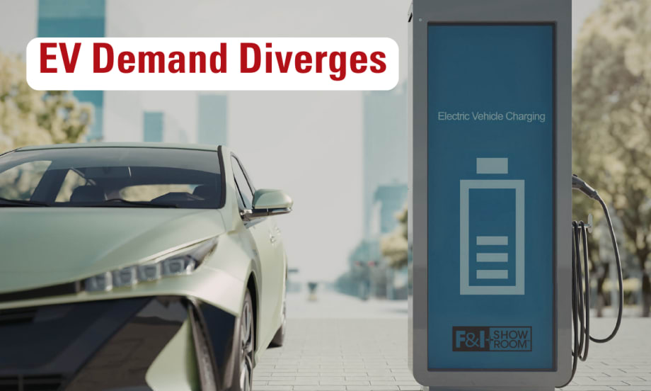 electric vehicle next to an urban charging station. EV Demand Diverges. F&I and Showroom logo