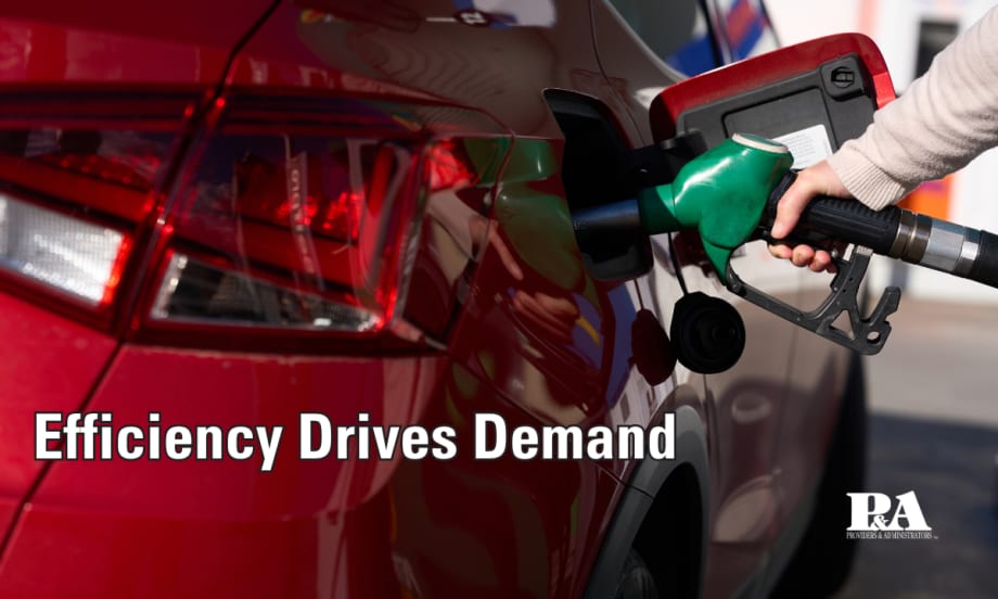 red car at a gas station being filled with gas. Efficiency Drives Demand. Providers and Administrators logo