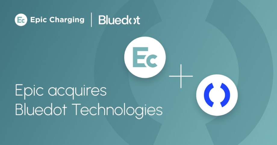 Graphic announcing Epic Charging’s acquisition of Bluedot Technologies to expand EV fleet charging management and payment platform services.