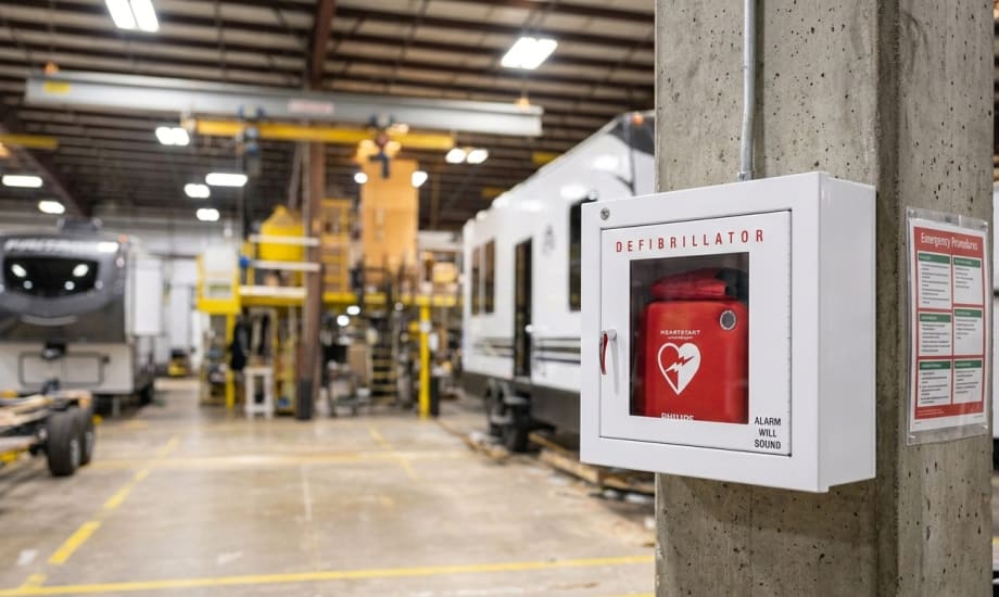 Automated external defibrillator (AED) mounted on a wall inside a manufacturing facility, highlighting workplace emergency preparedness and safety equipment availability.