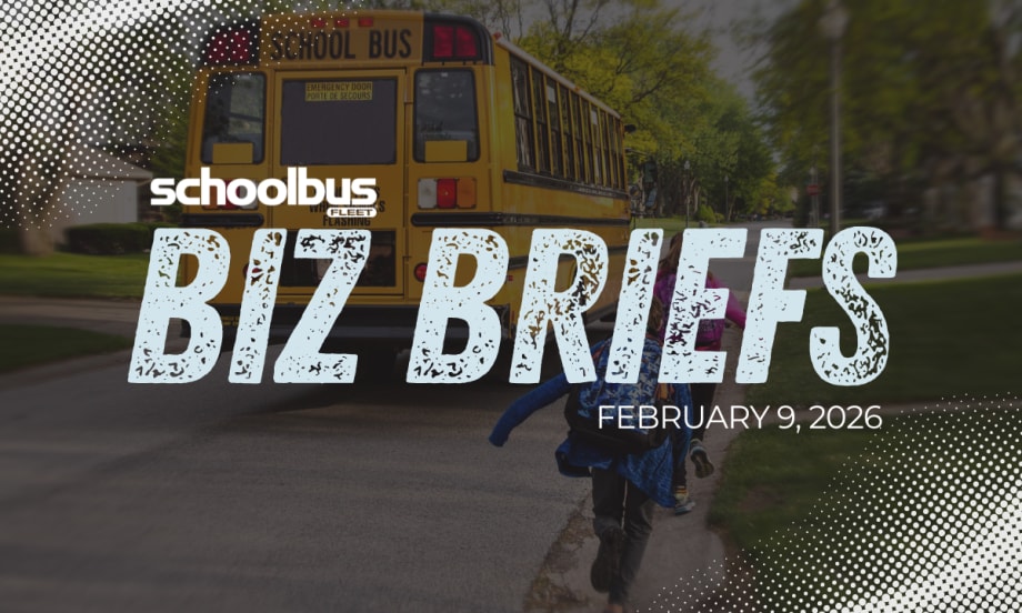 Children run toward a stopped yellow school bus on a residential street as a graphic overlay reads “School Bus Fleet Biz Briefs” with the date February 9, 2026, promoting an industry business news roundup.