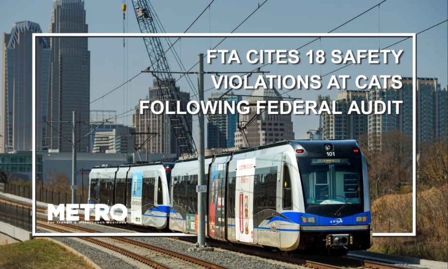 A graphic with an image of the CATS Blue Line and text reading "FTA Cites 18 Safety Violations at CATS Following Federal Audit."