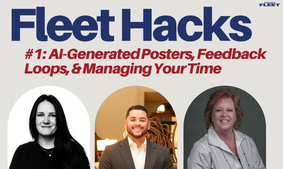 Graphic titled "Fleet Hacks" featuring three fleet professionals and highlighting AI-generated fuel-saving posters, field team feedback loops, and time management tips for fleet managers.