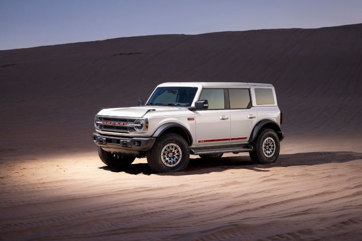 Photo of white 2026 Ford Bronco on a sandy beach