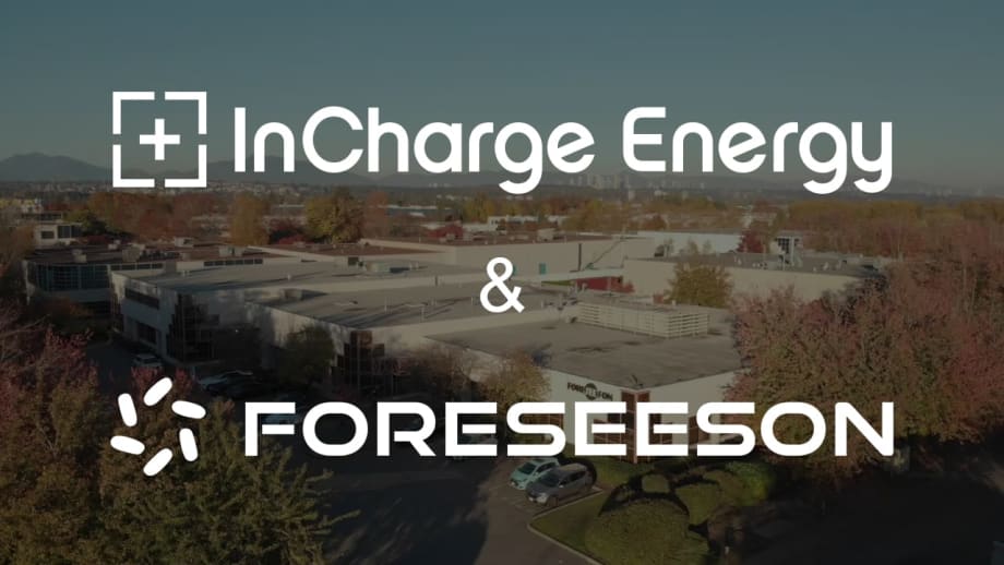 Graphic displaying InCharge Energy and Foreseeson logos over an aerial facility background, highlighting a partnership to expand EV charging infrastructure in Canada.
