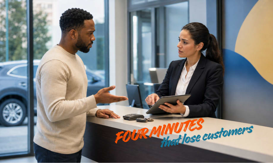 A counter agent chats with a customer over a rental counter