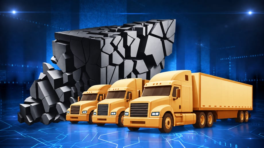 Three generic semi-trucks break through a fractured wall against a dark blue digital background, symbolizing trucking technology overcoming data silos.