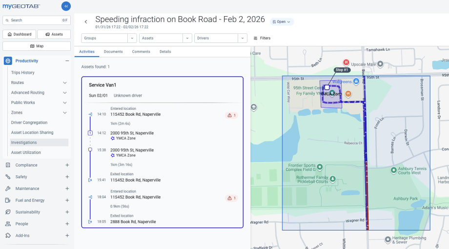 Screen shot of Geotab Investigations dashboard