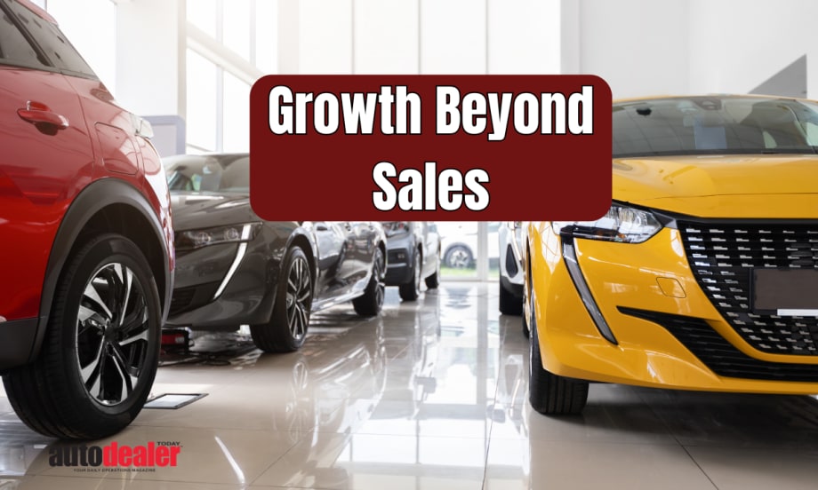 red, black, and yellow car in a car dealership showroom, Growth Beyond Sales text box, Auto Dealer Today logo