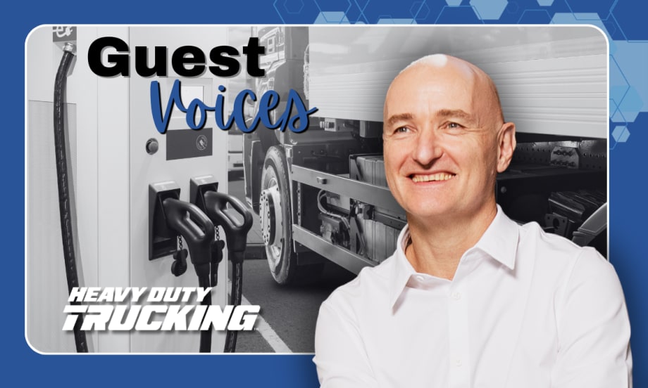 Guest Voices column header with headshot of Neil Cawse against backdrop of an electric truck charging