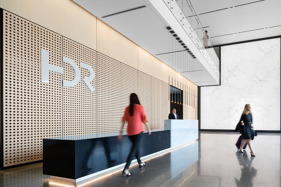 A photo of employees walking through HDR's office.