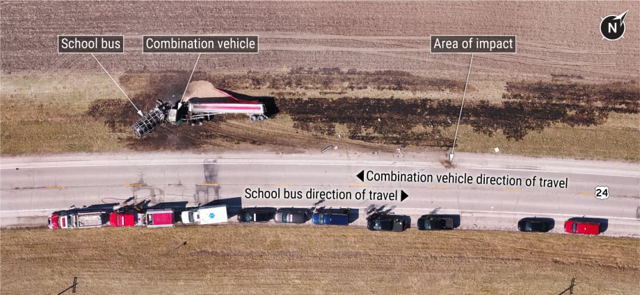 An aerial image showing the final resting positions of a 2024 Illinois school bus crash with a tractor trailer.