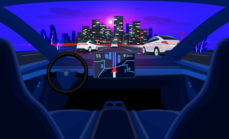 Illustration of a driverless futuristic front seat/dashboard view of other cars on a freeway with city skyline on horizon.