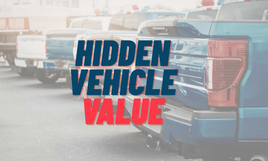 Pickup trucks in a row with overlay "Hidden Vehicle Value"