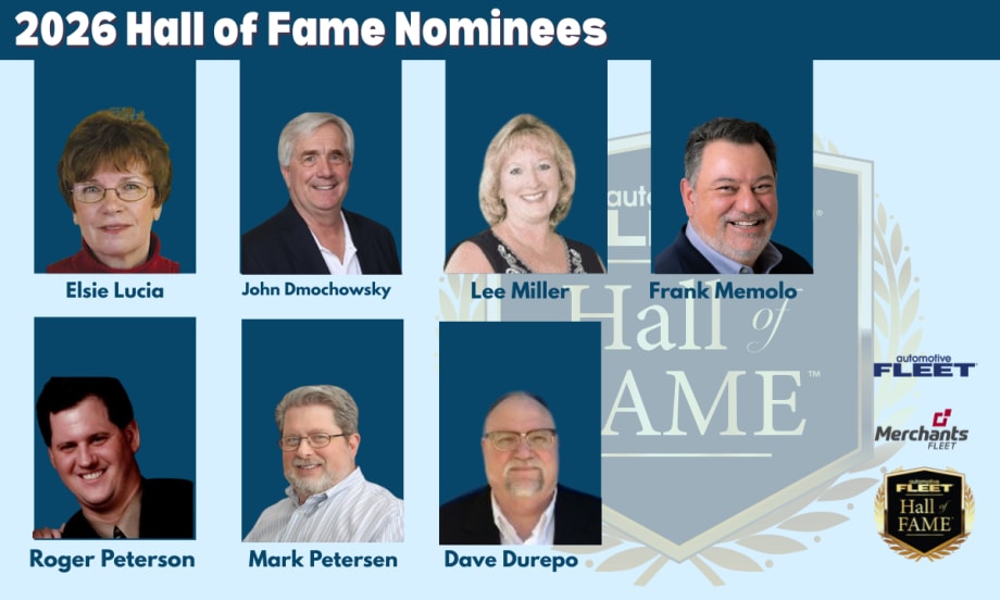 Graphic featuring the seven 2026 Fleet Hall of Fame nominees: Elsie Lucia, John Dmochowsky, Lee Miller, Frank Memolo, Roger Peterson, Mark F. Petersen, and Dave Durepo.