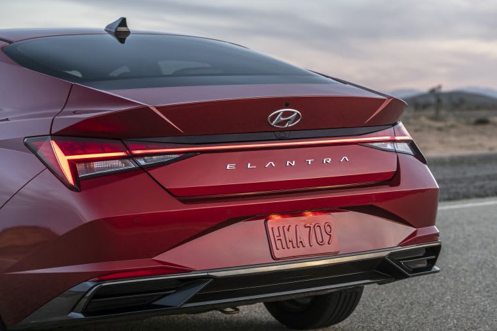 A rear view of a red Hyundai Elantra