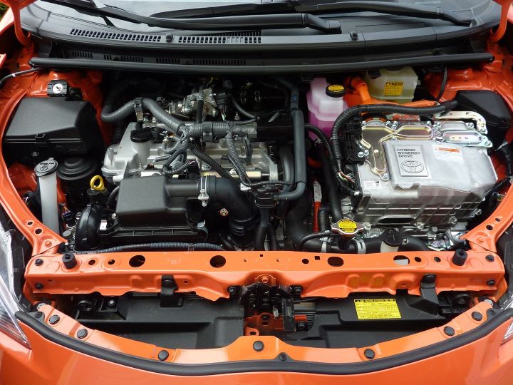 Under the hood of a Toyota Prius EV Hybrid car.