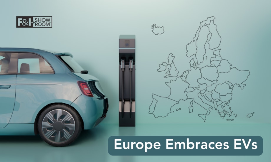 Map of Europe next to back of EV car.