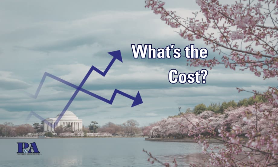 background view of Washington D.C. with the capitol building and cherry trees. Text says 'What's the Cost?' with two diverging arrows and the Providers and Administrator's logo