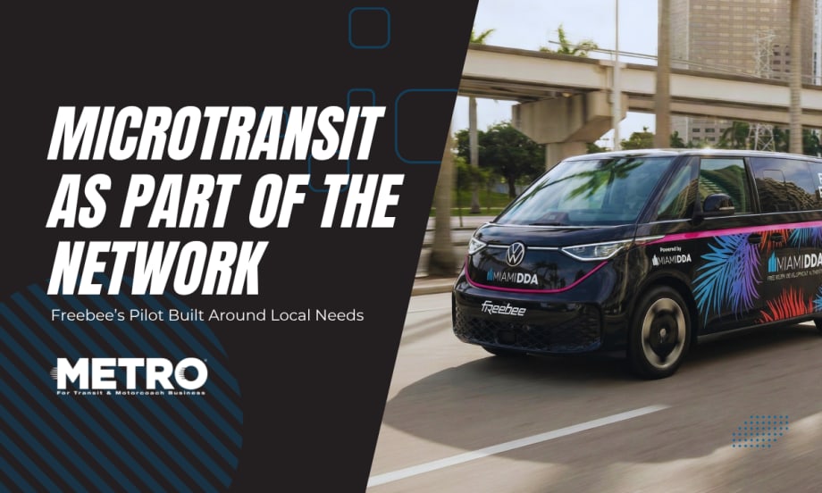 A Freebee microtransit van in Miami with text reading "Microtransit as Part of the Network."