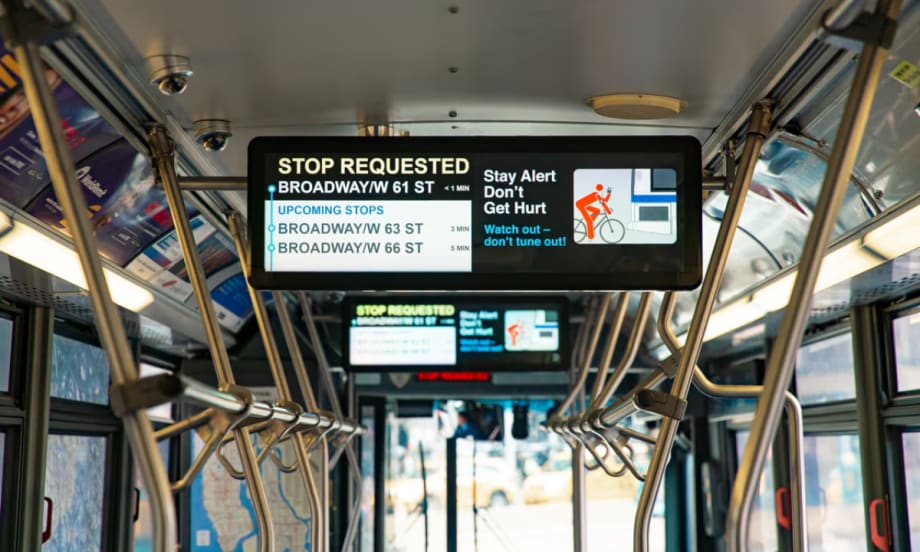 A Hitachi Rail screen on public transit.
