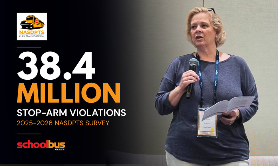 Graphic for a School Bus Fleet news story featuring the NASDPTS logo, a speaker presenting with a microphone, and the headline, "38.4 Million Stop-Arm Violations," highlighting annual illegal school bus passing estimates.