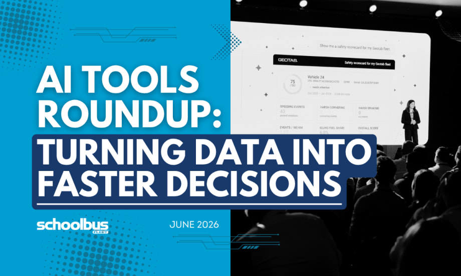 A blue and white graphic with a black and white image of Geotab official on stage with text reading "AI Tools Roundup: Turning Data Into Faster Decisions."