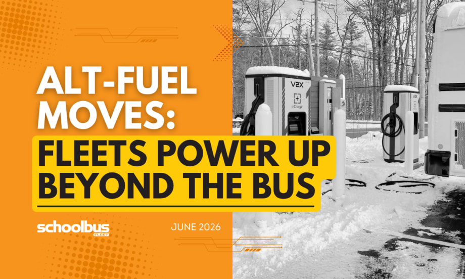 An orange and yellow graphic with a black and white image of the back end of an electric bus next to charging infrastructure and text reading "Alt-Fuel Moves: Fleets Power Up Beyond the Bus."