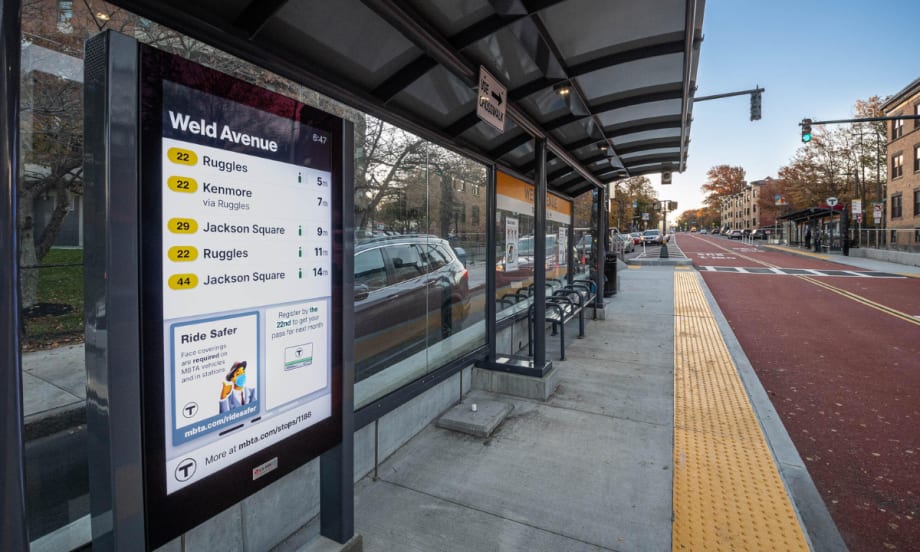 A Massachusetts Bay Transportation Authority bus stop and sign.