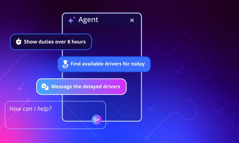 A blue, pink, and purple graphic showing Optibus Agent AI prompts.