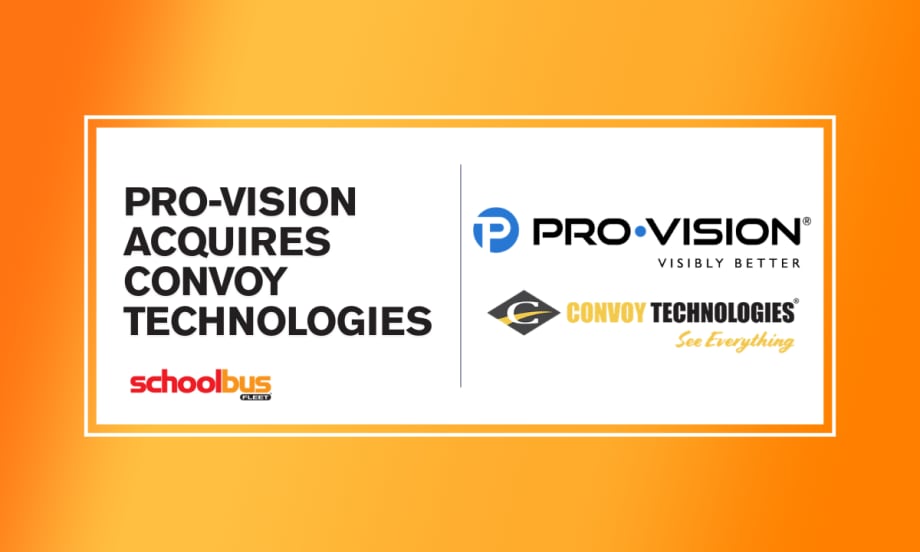 An orange and white graphic with Pro-Vision and Convoy Technologies logos, and text reading "Pro-Vision Acquires Convoy Technologies."