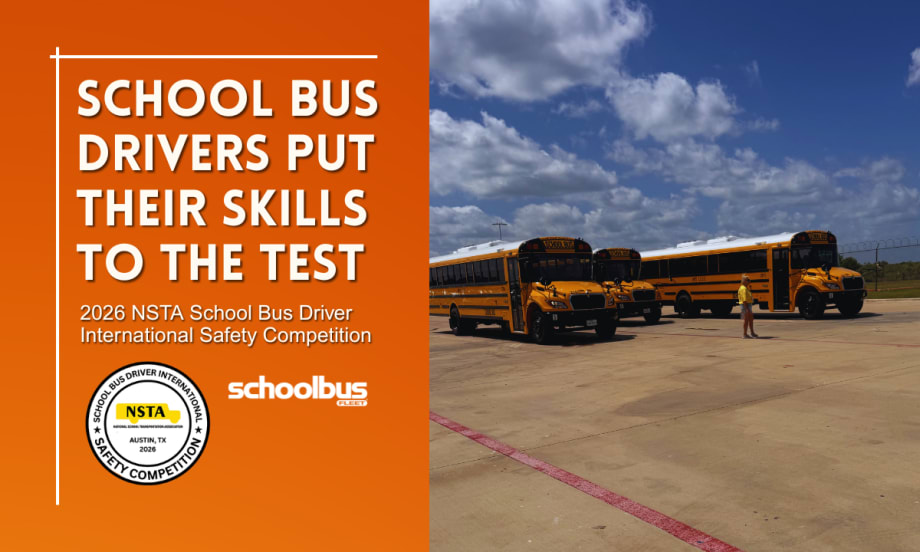 School buses at NSTA's SBDISC Roadeo with text reading "School Bus Drivers Put Their Skills to the Test."