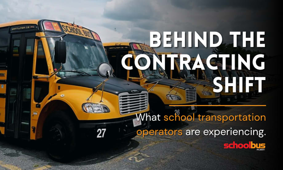 A lineup of Beacon Mobility school buses with text reading "Behind the Contracting Shift."
