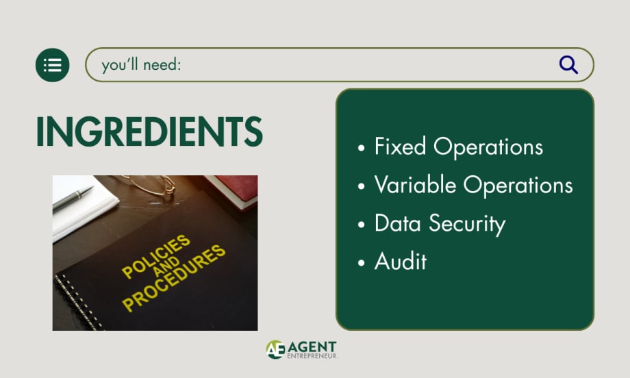 Ingredient card, policies and procedures, fixed operations, variable operations, data security, audit