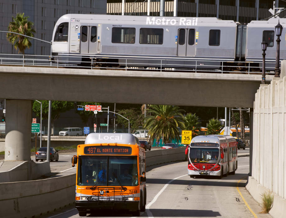 An LA Metro bus and railcar.