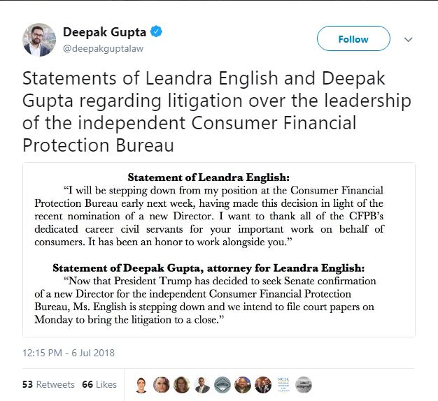 CFPB Official Who Sued Trump Resigns, Drops Suit