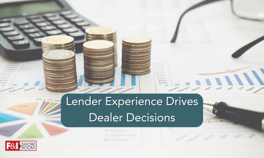 stacks of coins, a calculator, paperwork, and a pair of glasses in the background, text Lender Experience Drives Dealer Decisions, F&I and Showroom