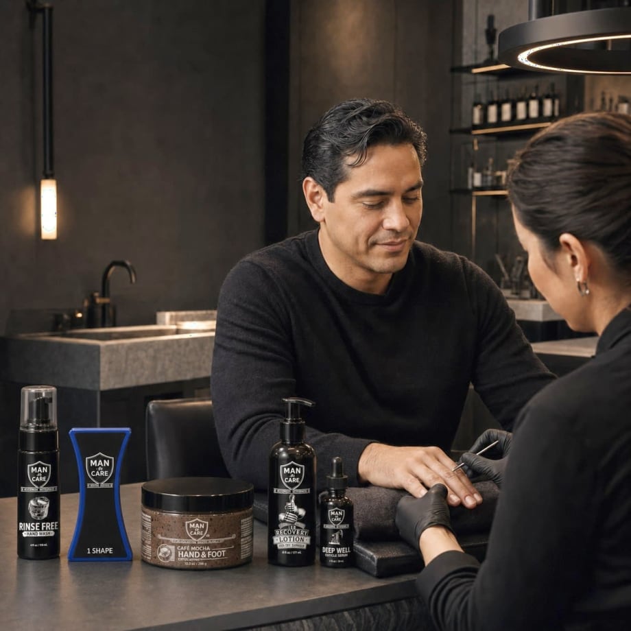 a man getting a manicure from a woman
