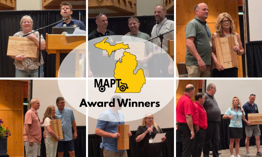 Collage of winners receiving awards during the 61st Annual Michigan Association for Pupil Transportation (MAPT) Conference, featuring recipients posing on stage with engraved wooden plaques and MAPT branding.