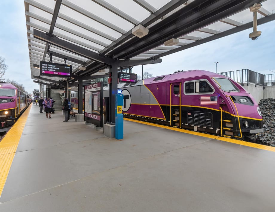 An MBTA commuter rail at a station.
