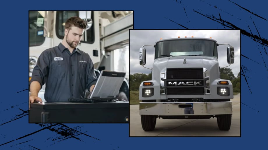 Photos of Mack MD medum-duty truck and Mack technician on a computer in the shop, on a blue background