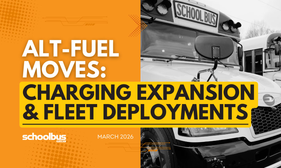 An orange and yellow graphic with a black and white image of Blue Bird propane school buses.